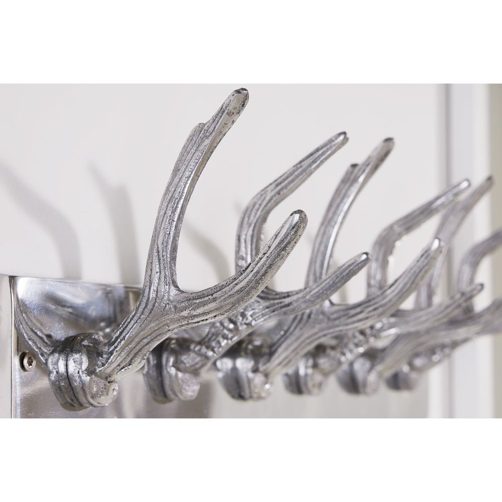 Deko Wandgarderobe Hirschgeweih MAGNUS Silber mit 6 Haken aus poliertem Aluminium 50cm - 6