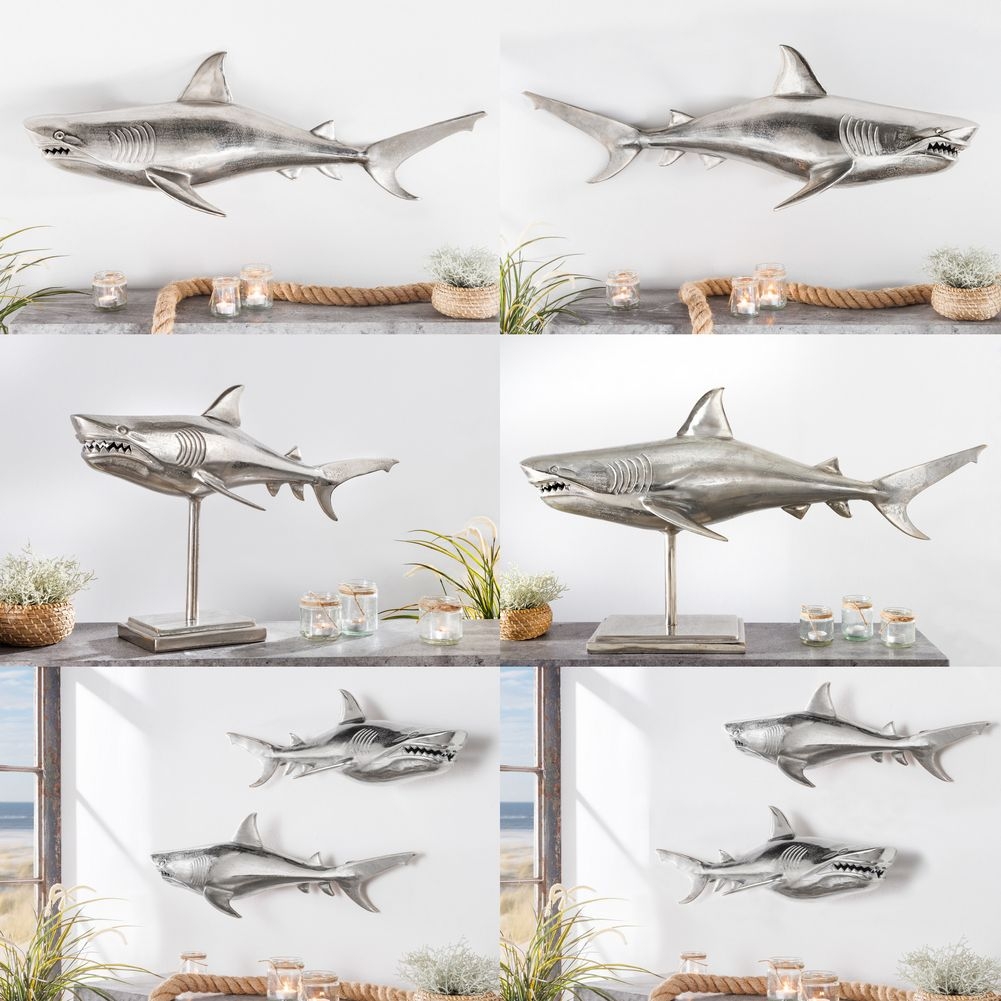 Deko Skulptur Tigerhai NICO Silber links ausgerichtet aus poliertem Aluminium 105cm - 8