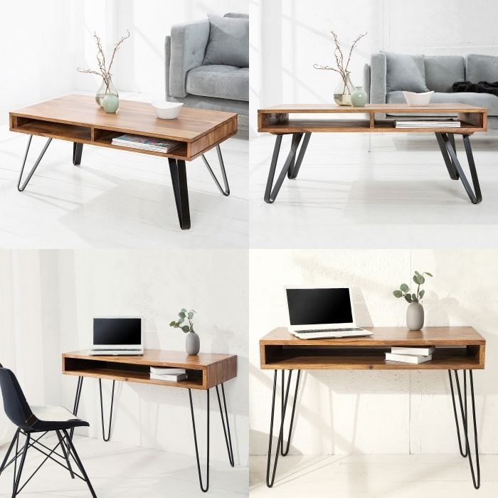 Schreibtisch MUMBAI Sheesham lackiert mit Ablagefach und schwarzen Haarnadelbeinen aus Metall 110cm - 16