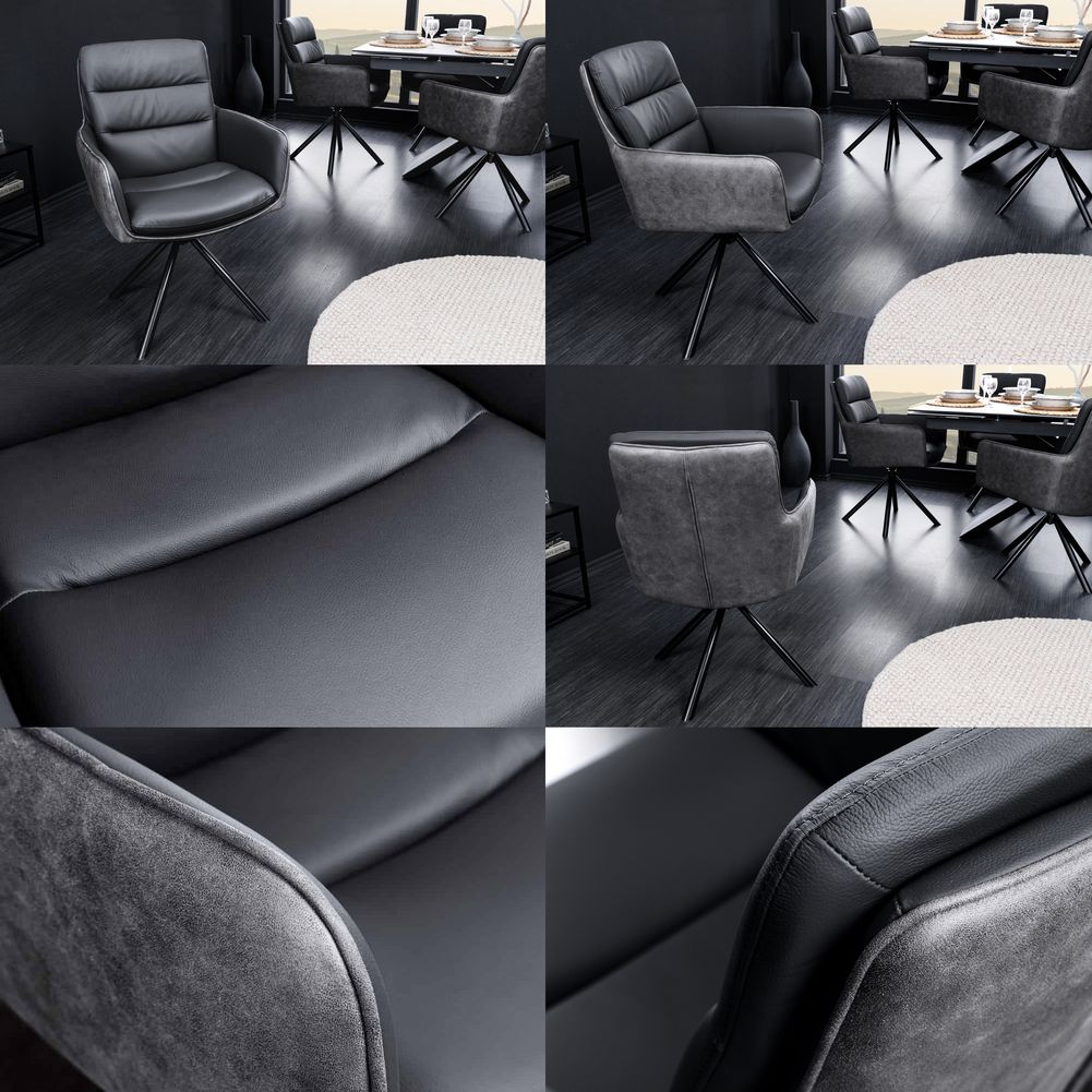 360° drehbarer Design Stuhl BRUNO Anthrazit Echtleder Microfaser Metall-Stuhlbeine Schwarz Armlehne - 6