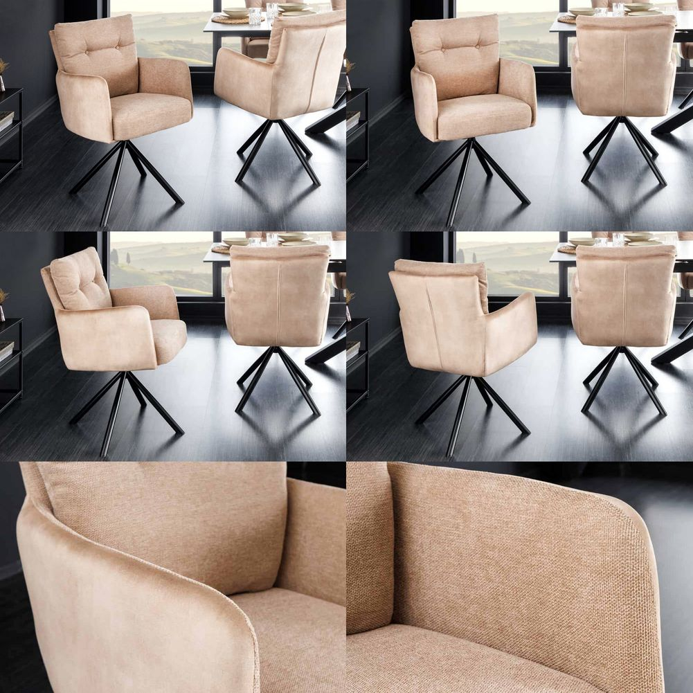 380° drehbarer Design Stuhl MARCO Beige-Champagner Samt Flachgewebe Metall-Stuhlbeine Schwarz Armlehne - 6